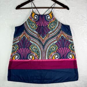 Renee C Boho Paisley Halter Tank Top Navy Pink Made in USA Women’s